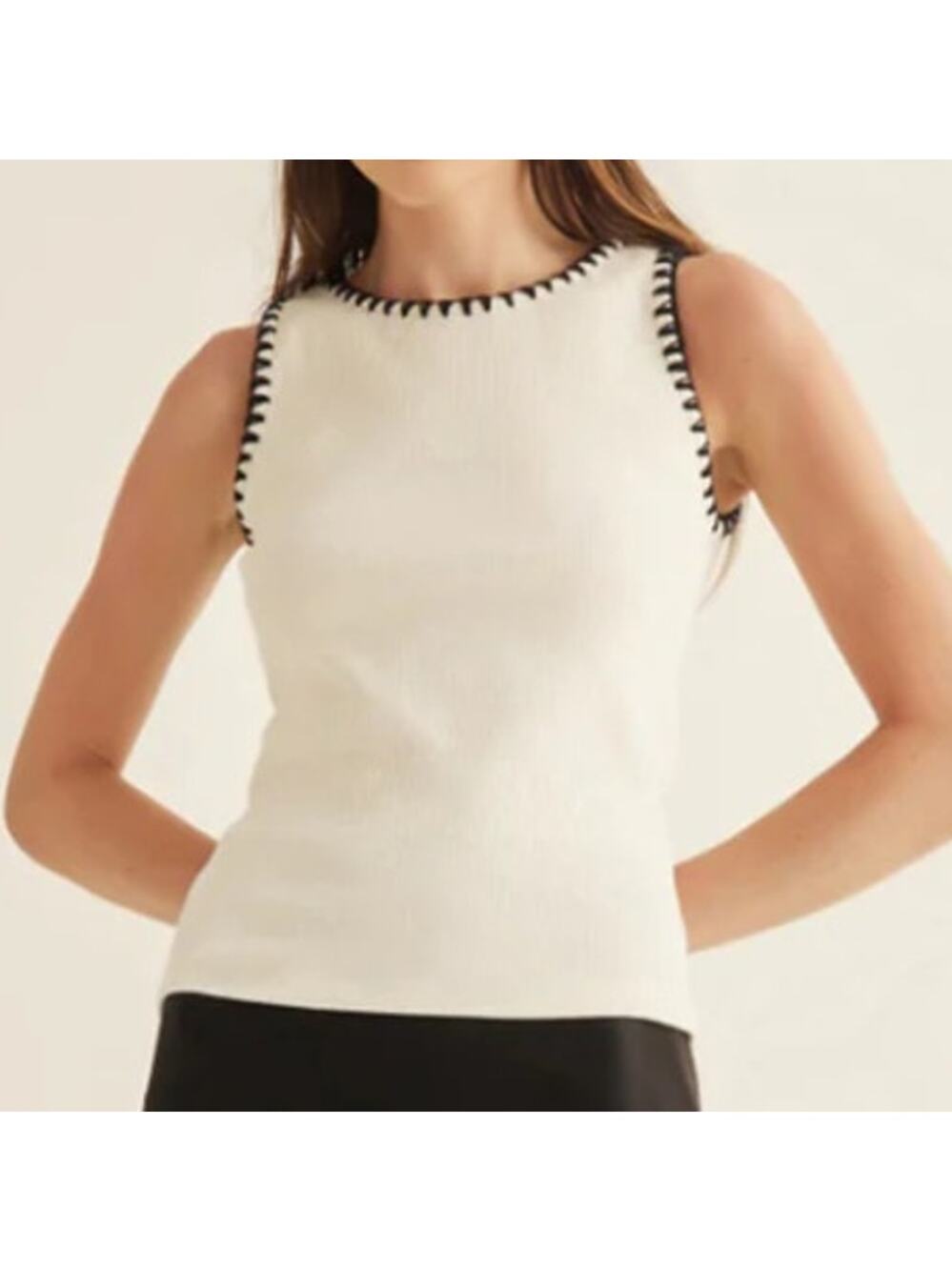 Commense Ivory Contrast Trim Knit Tank Top XL US 12 Parisian Minimalist